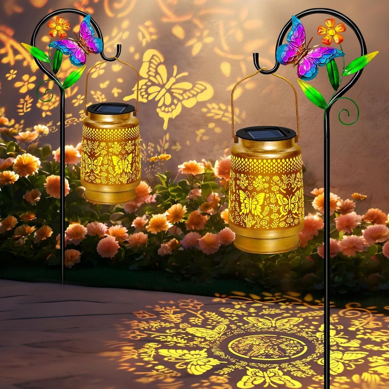 EDOF 2 Pack Butterfly Solar Lanterns Outdoor Waterproof Hanging,Metal Solar Garden Lanterns for Yard Patio Pathway Lawn Front Porch,Birthday Gifts for Mom Woman Grandma - Image 1